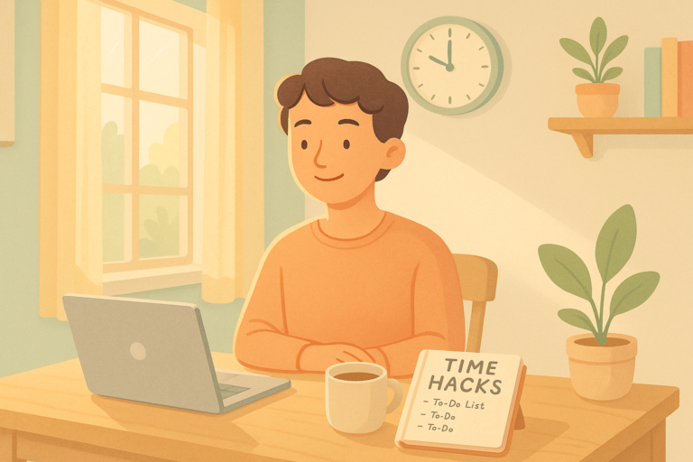 Bright workspace scene with a young person at a tidy desk in morning sunlight, featuring a notebook labeled Time Hacks, coffee mug, and a modern clock.