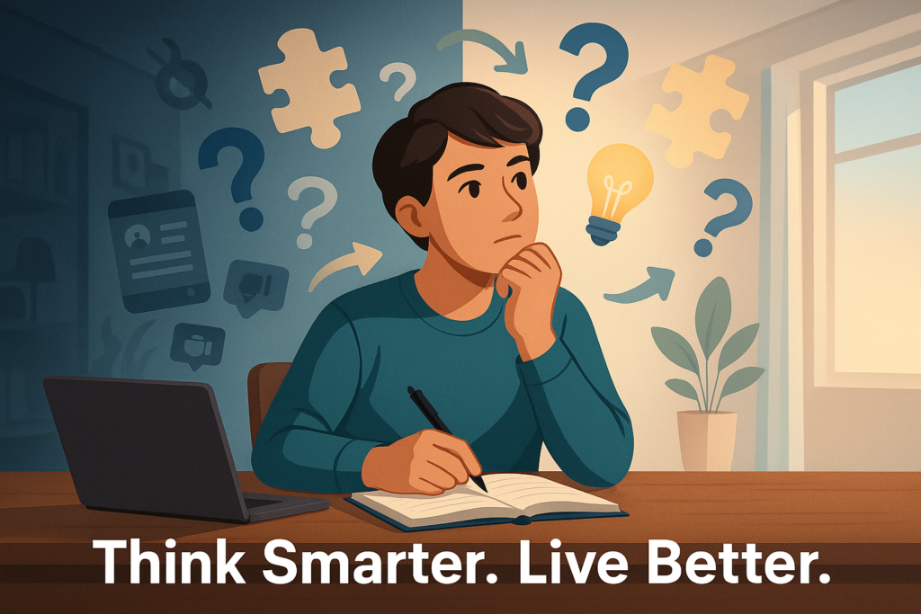 A thoughtful young adult using practical critical thinking exercises to improve focus, decision-making, and mental clarity—illustrated with icons and contrast.