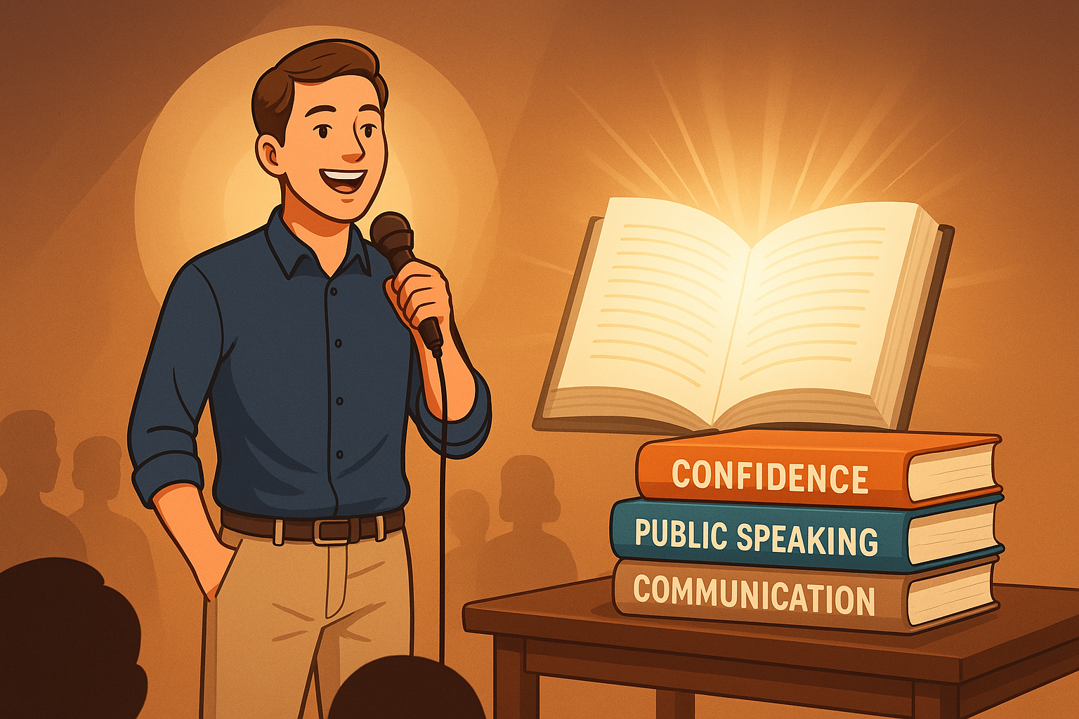 Confident young adult speaking on stage with microphone under spotlight, inspiring audience — public speaking books and communication skills theme
