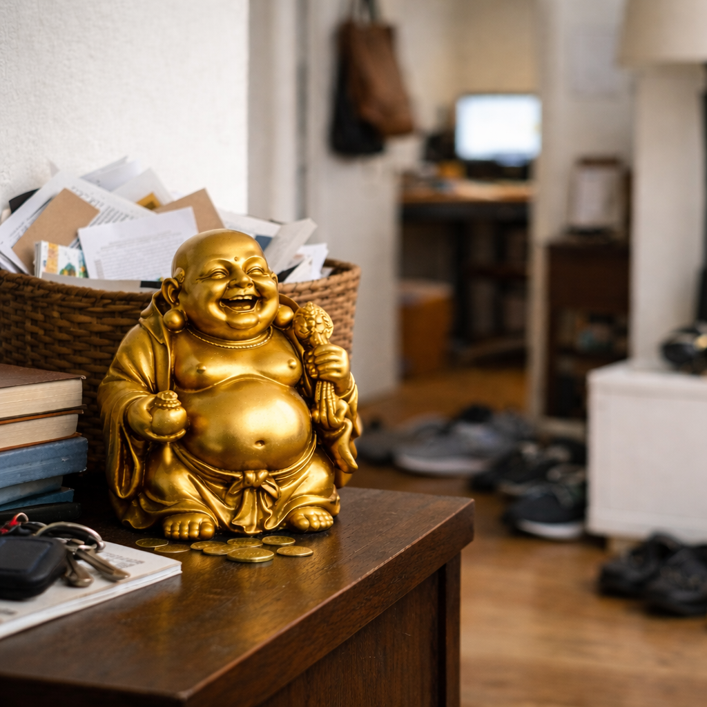 Laughing Buddha placed incorrectly in a cluttered home environment showing how poor feng shui placement can reduce focus and financial clarity