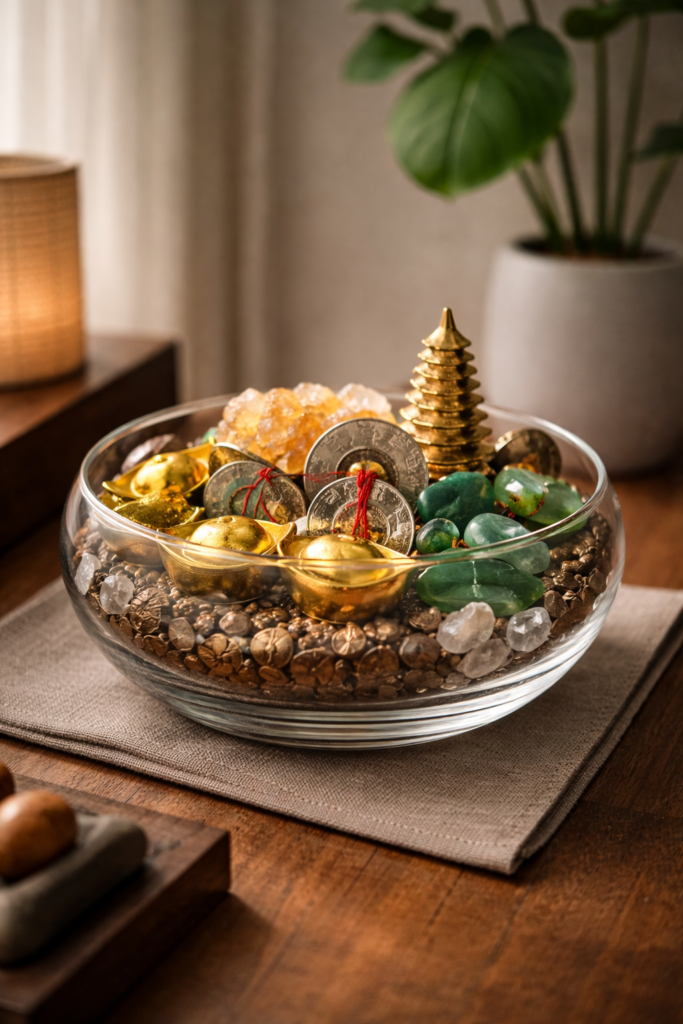 Feng Shui wealth bowl placed in a high-traffic area illustrating how poor placement can create attention drain and financial friction