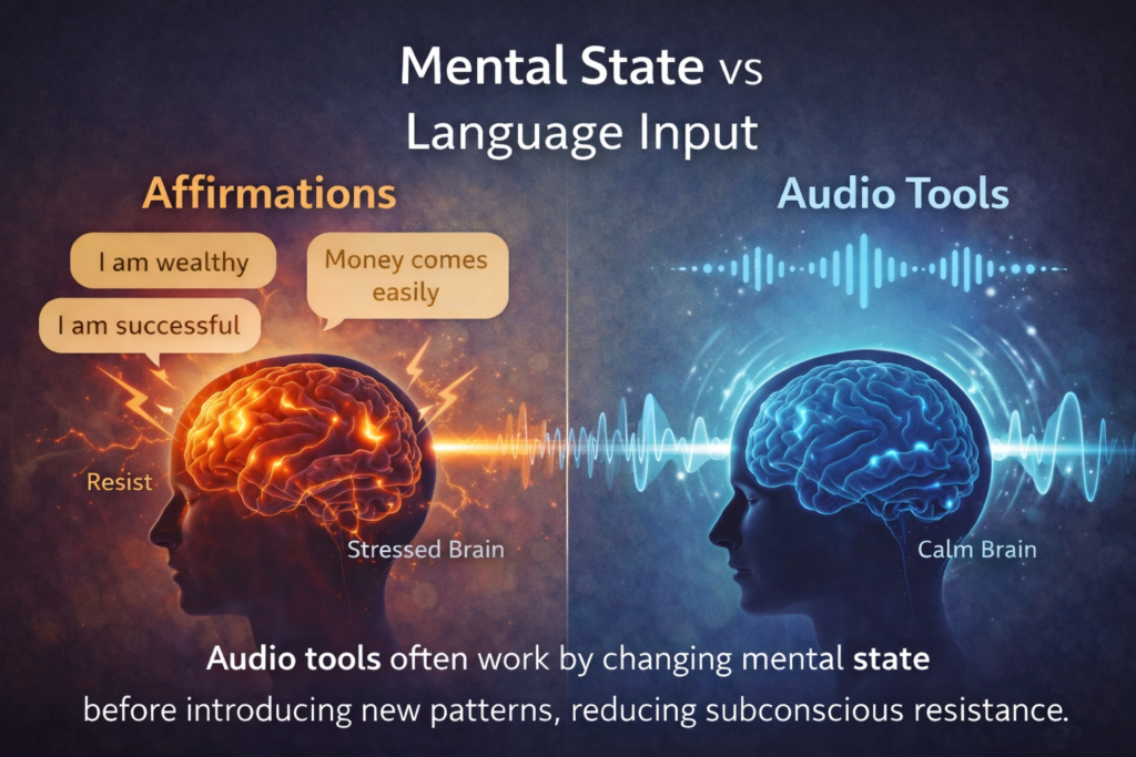 Diagram comparing affirmations and audio tools, showing how audio influences mental state while affirmations rely on conscious language processing