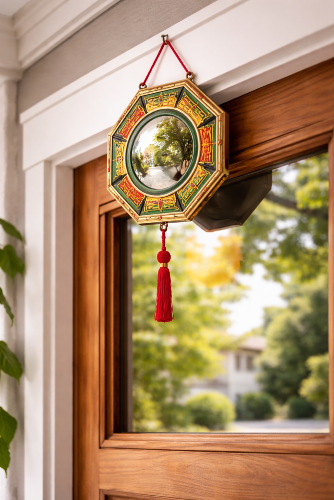 Bagua mirror placement above a front door for protection and emotional stability, showing a traditional Feng Shui bagua mirror reflecting outdoor light