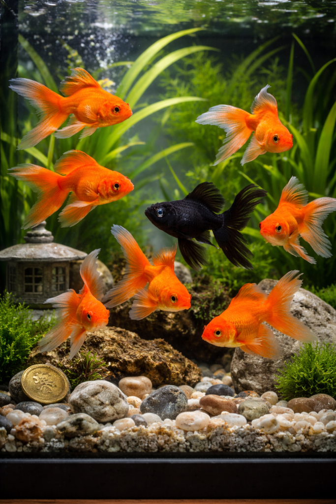Feng Shui fish aquarium featuring eight goldfish and one black fish, symbolizing wealth attraction, balance, and protection, arranged in a harmonious indoor water element setup.