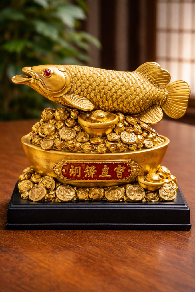 Feng Shui Arowana lucky fish wealth statue placed on gold coins to attract abundance and success.