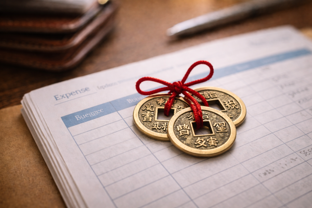 Feng Shui Chinese coins tied with a red thread placed on a desk, symbolizing money discipline, consistency, and calm financial focus