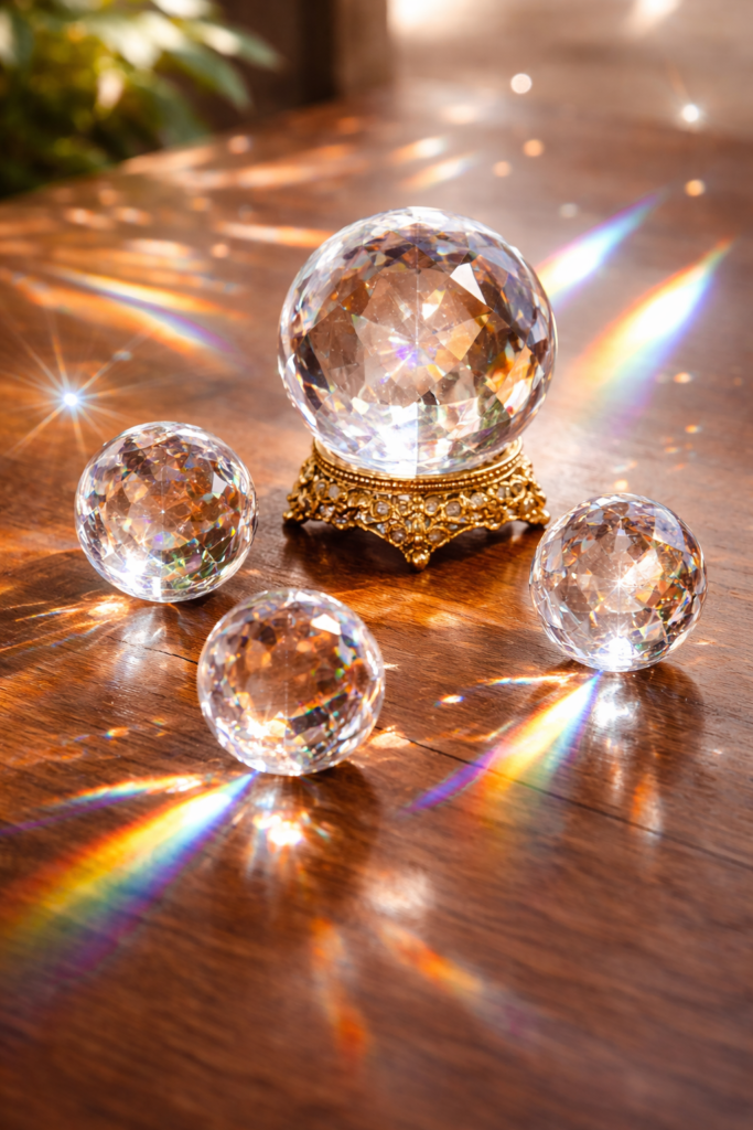 Feng Shui crystals and pyramids arranged to reflect light and energy, commonly used to enhance balance, clarity, and positive energy flow in home or office spaces.