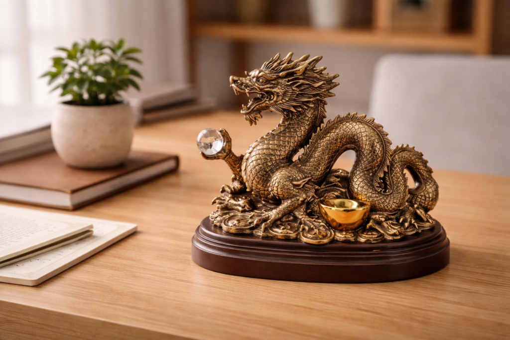 A bronze Feng Shui dragon statue placed on an office desk to support career success, authority, and confident decision-making.