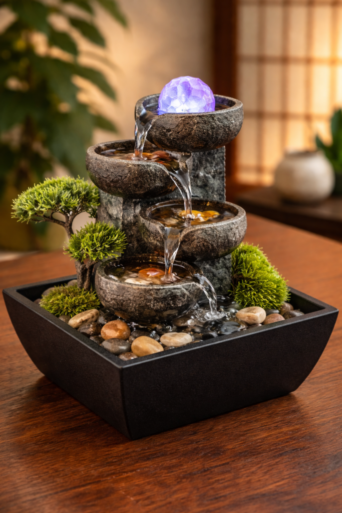 Indoor Feng Shui water fountain featuring a zen-style decorative desktop design, used to promote calm energy flow, balance, and a peaceful atmosphere in home or office spaces.