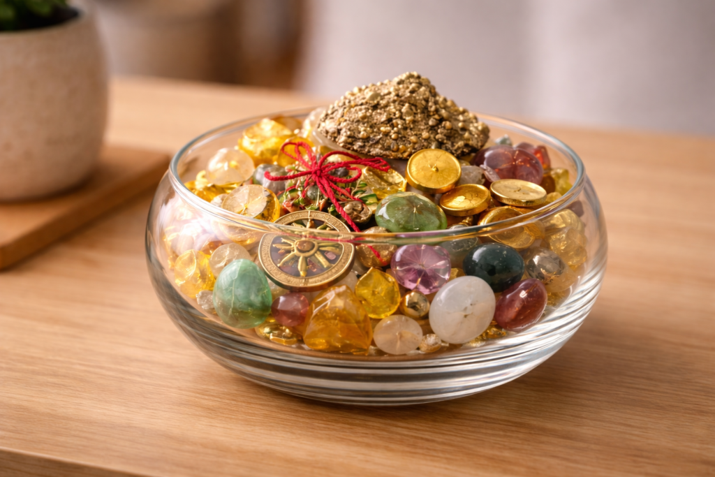 A Feng Shui wealth bowl placed on a wooden desk in a calm home office, showing proper wealth bowl placement to support focus, clarity, and business growth.