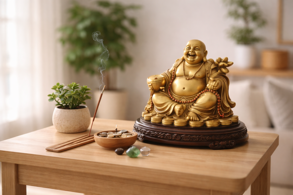 Laughing Buddha placed in a calm, clutter-free home environment to support focus and positive financial habits