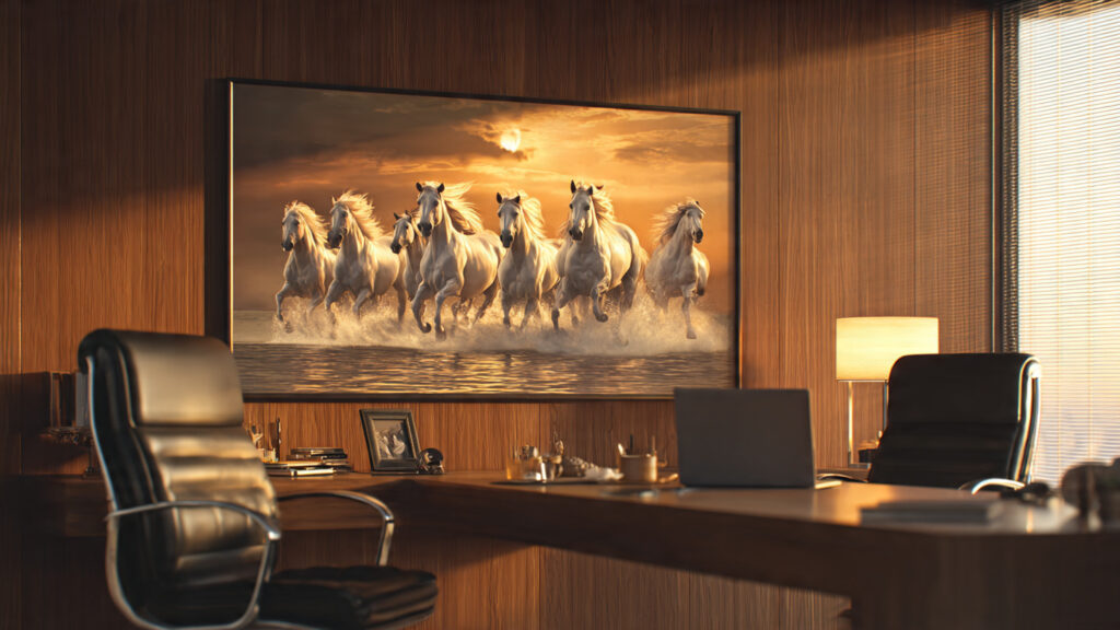 7 horse painting vastu direction placed on south wall in modern Indian office for career growth