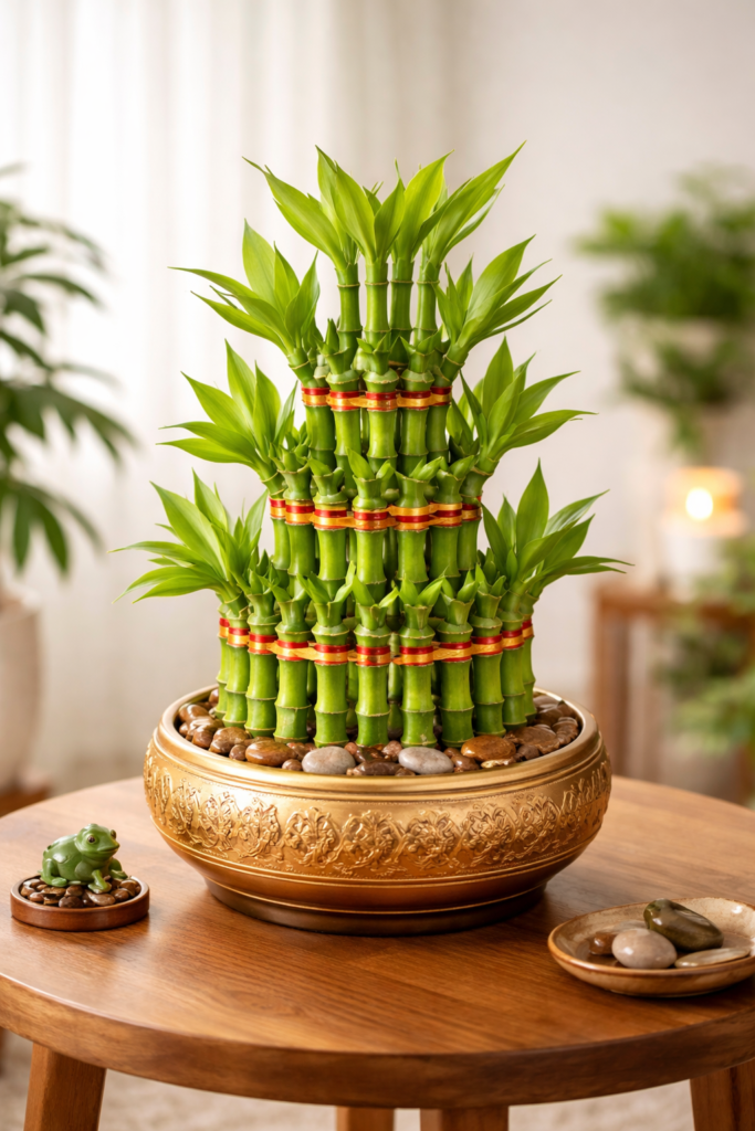 Feng Shui lucky bamboo arrangement in a gold pot placed on a wooden table in a calm minimalist interior.