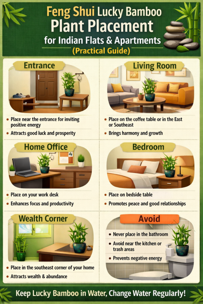 Infographic showing Feng Shui Lucky Bamboo placement guide for Indian apartments, including best locations for living room, home office, and wealth corner.