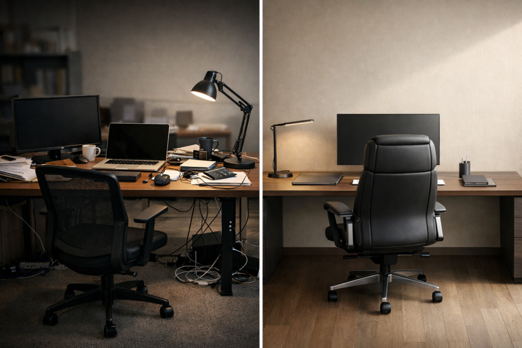 Desk setup for confidence showing high back chair against solid wall with clean command position layout and minimal clutter