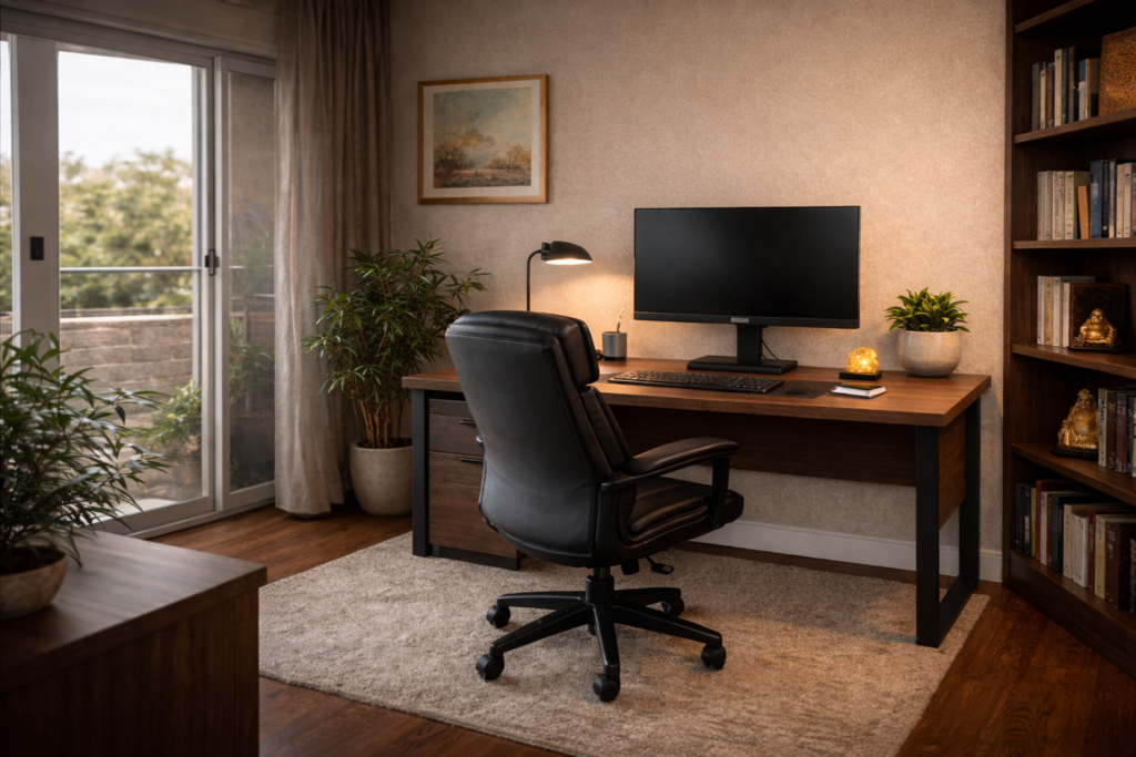 Feng Shui for career stability in India showing north-facing desk with solid wall backing in small apartment home office