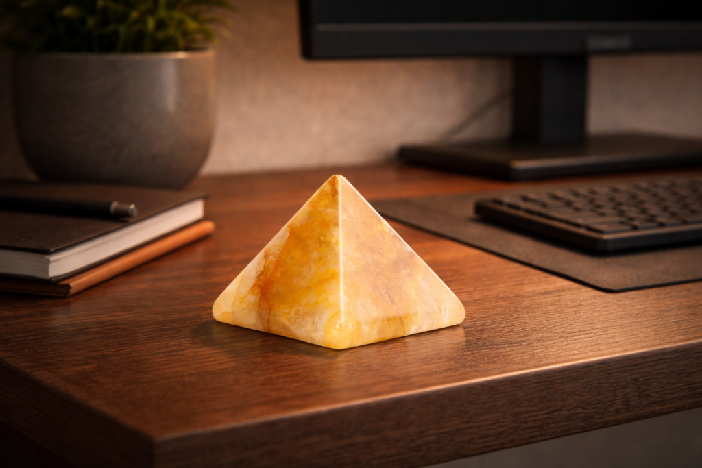 Citrine pyramid placed on home office desk for career stability and focused workspace design in Indian Feng Shui setup