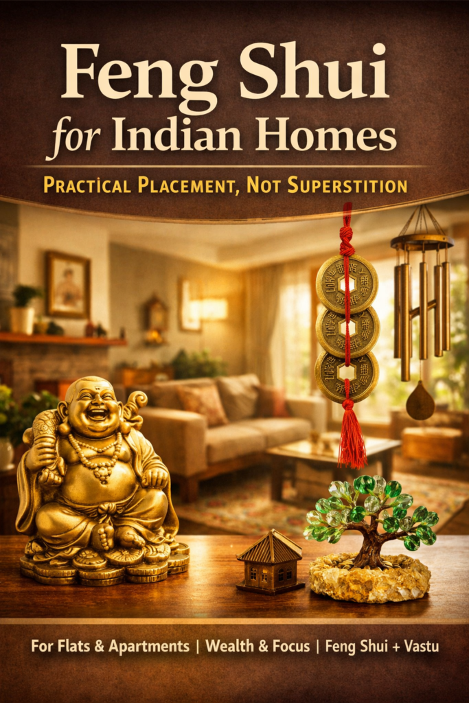 Feng Shui for Indian homes showing practical placement of wealth symbols like Laughing Buddha, coins, and plants in a calm living space