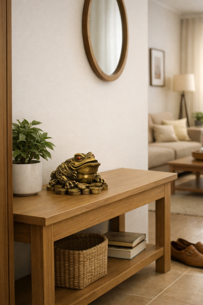 Feng Shui money frog placed neatly in an Indian home living space to support money discipline and financial focus