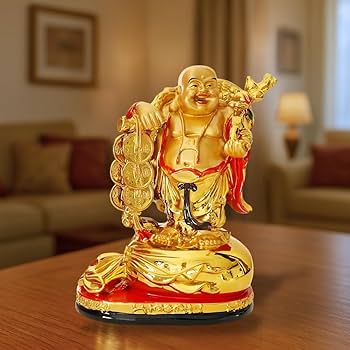Laughing Buddha placed in an Indian living room to support calm focus and wealth-supportive decision making through feng shui placement.