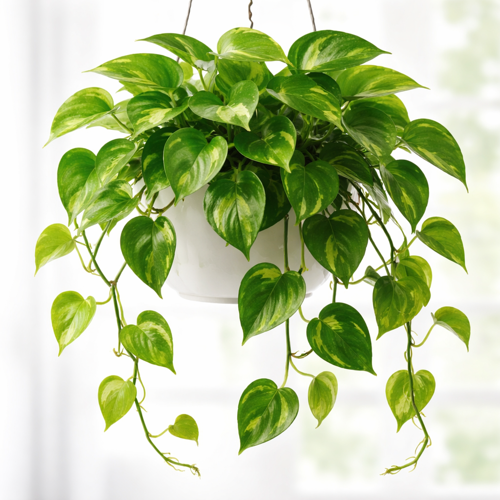 Classic Pothos (Devil’s Ivy) with glossy heart-shaped green and yellow variegated leaves cascading from a white hanging pot.