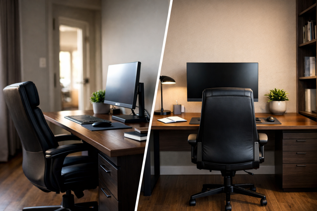 Small desk changes for confidence showing before and after executive home office layout with improved wall backing and monitor alignment