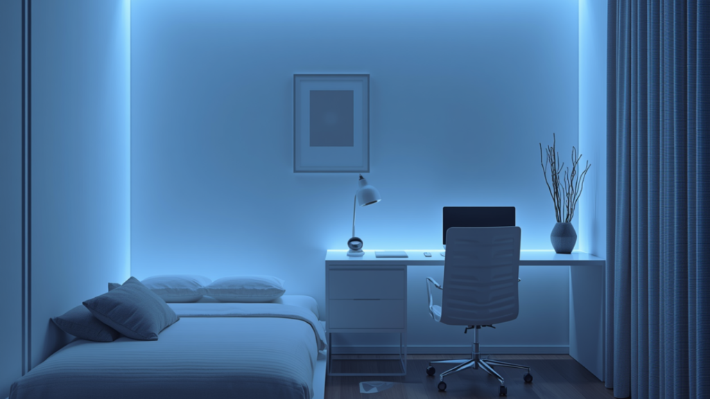 minimal room with blue ambient lighting calm environment for focus and reduced stress
