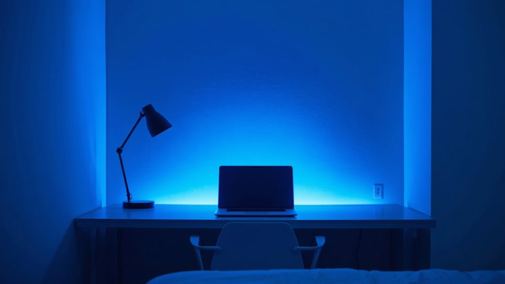 minimal room with blue ambient lighting calm environment for focus and stress reduction