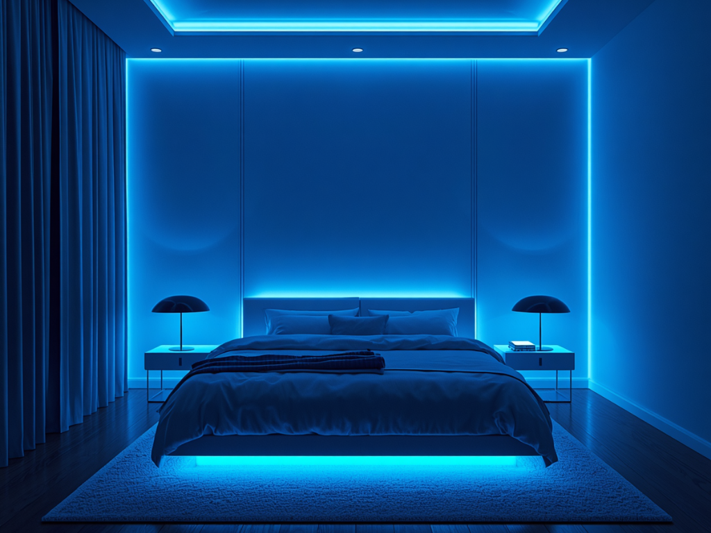 calm blue bedroom lighting setup for focus and productivity
