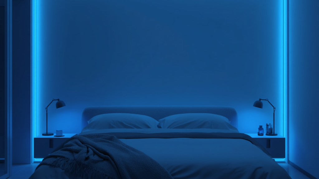 minimal bedroom with blue ambient lighting calm sleep environment for better rest and reduced overthinking