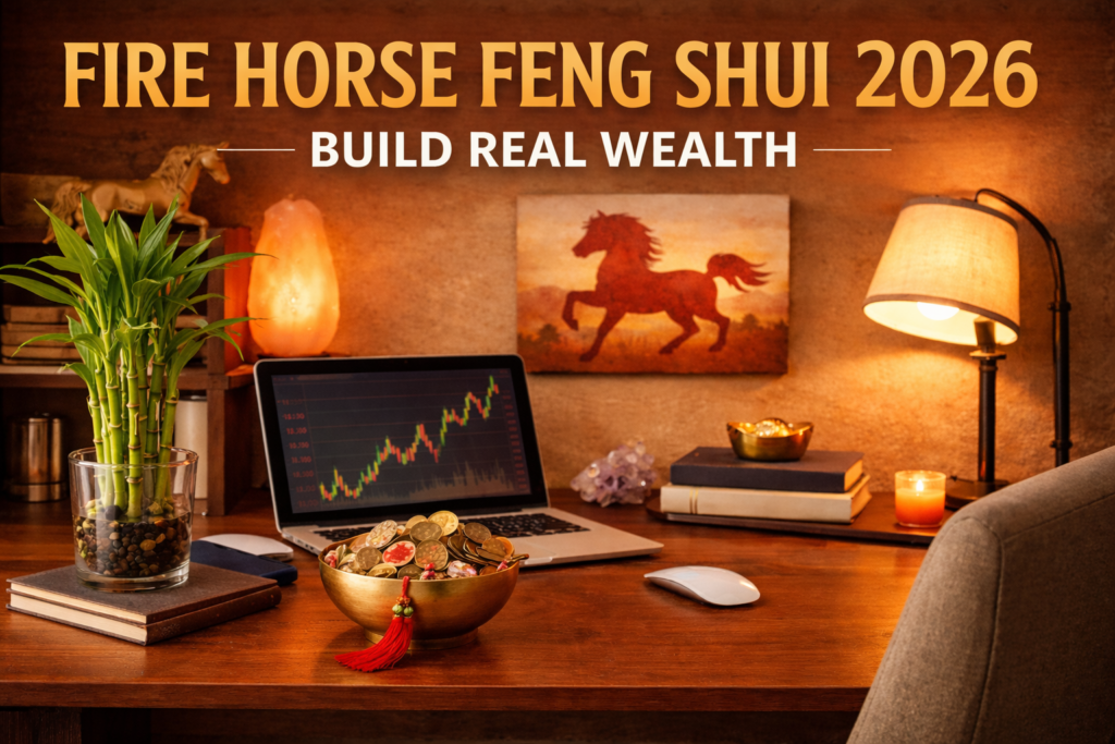 Fire Horse Feng Shui 2026 home office with lucky bamboo, wealth bowl, warm lighting, and balanced desk setup for financial growth