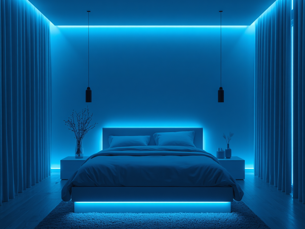 minimal blue bedroom setup for better sleep and reduced overthinking