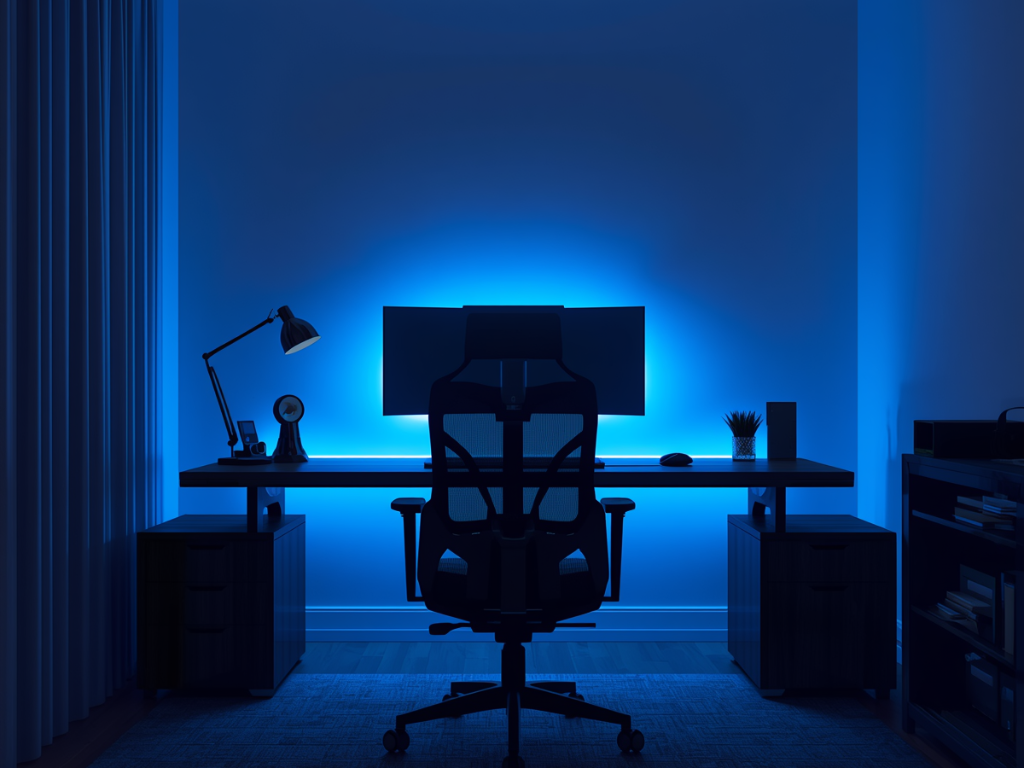 minimal workspace setup with blue lighting for better focus and reduced distractions