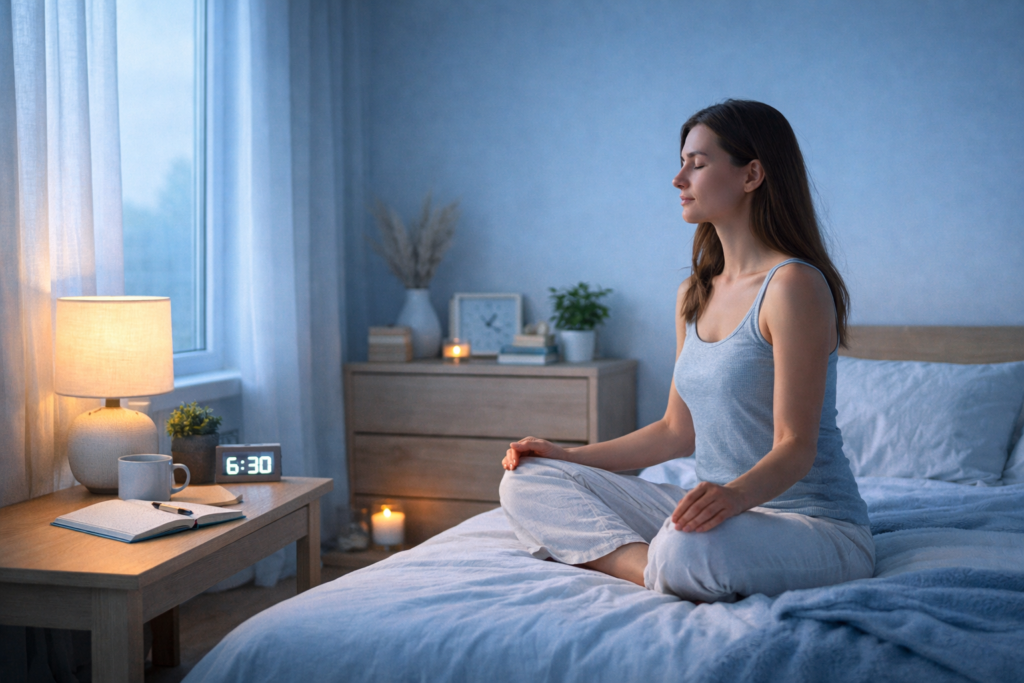 calm minimal morning bedroom with soft blue lighting supporting mental clarity and focus routine