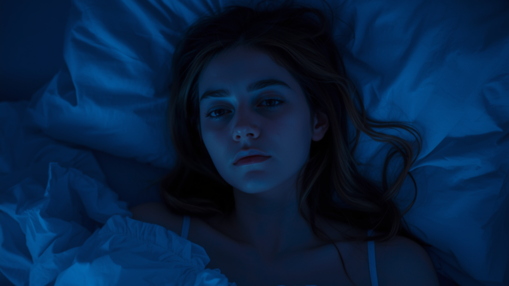 person lying awake at night overthinking in blue lighting struggling to sleep and calm mind