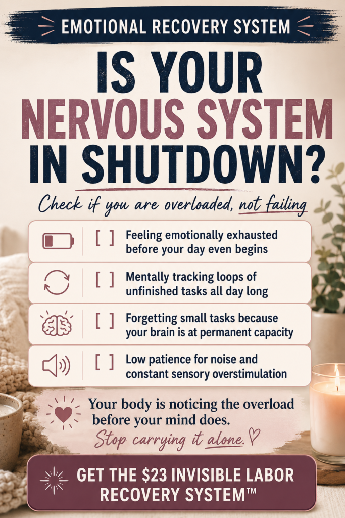Mom burnout assessment showing signs of nervous system overload, emotional exhaustion, mental fatigue, overstimulation, and invisible labor burnout in overwhelmed mothers.