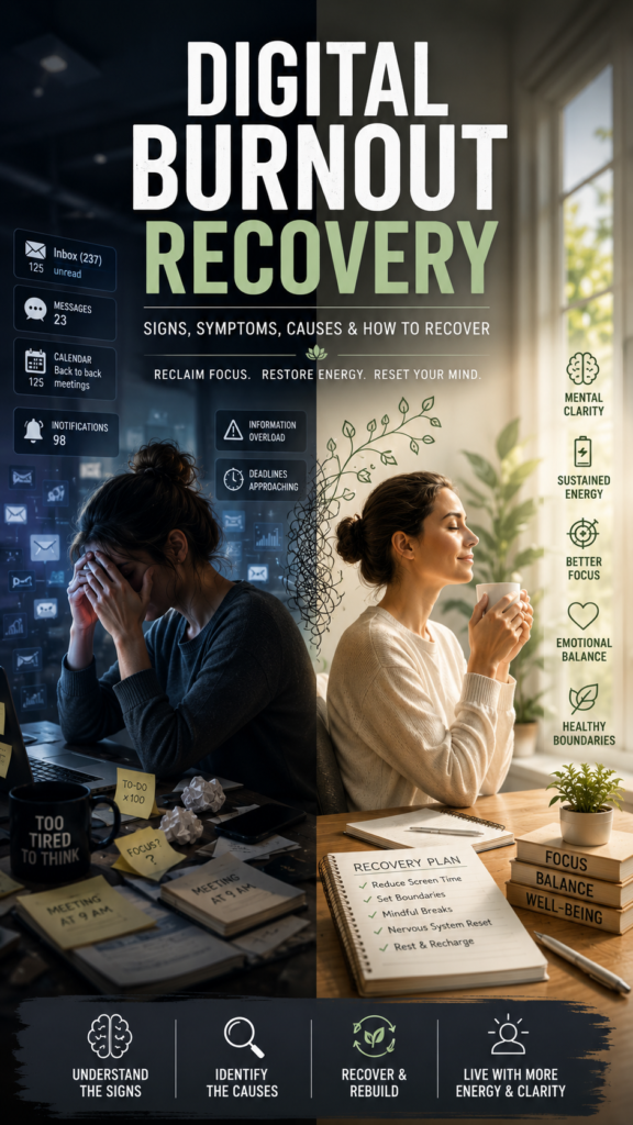 Digital burnout recovery showing mental overload, cognitive fatigue, and recovery from constant digital stimulation