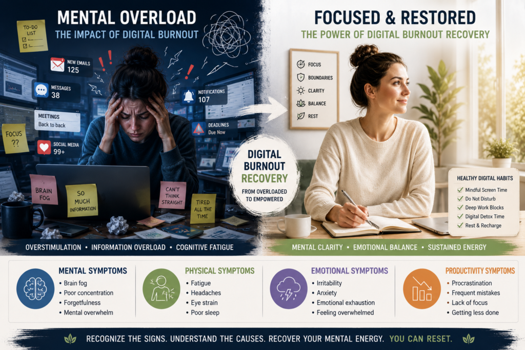 Digital burnout recovery symptoms and cognitive fatigue warning signs