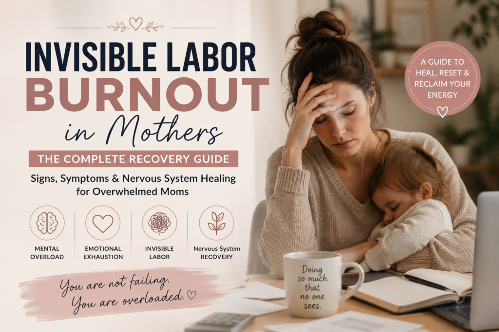 Overwhelmed mother experiencing invisible labor burnout and emotional exhaustion while caring for a child, illustrating mental load, nervous system overload, and burnout recovery.