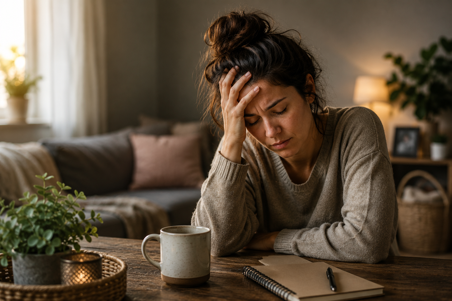 Emotionally exhausted mother sitting at a table with her head in her hand, looking overwhelmed and mentally drained in a cozy home environment, representing emotional exhaustion, mental load, and burnout in mothers.