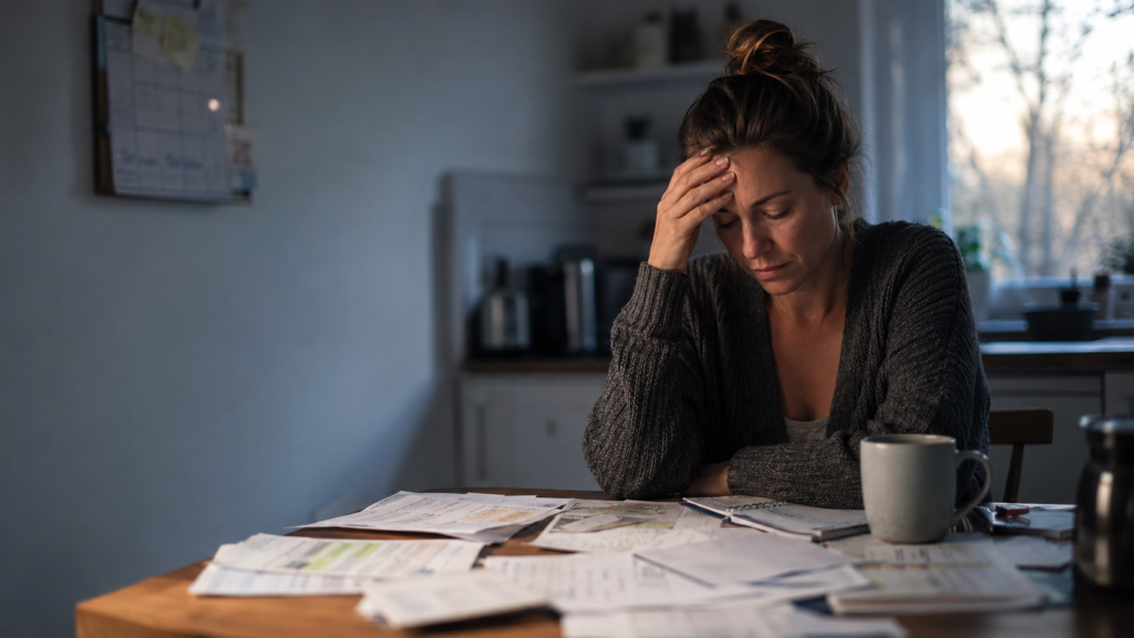 Mother experiencing exhausted mom symptoms sits at a kitchen table early in the morning, feeling mentally drained despite sleeping, surrounded by schedules, reminders, and household responsibilities.