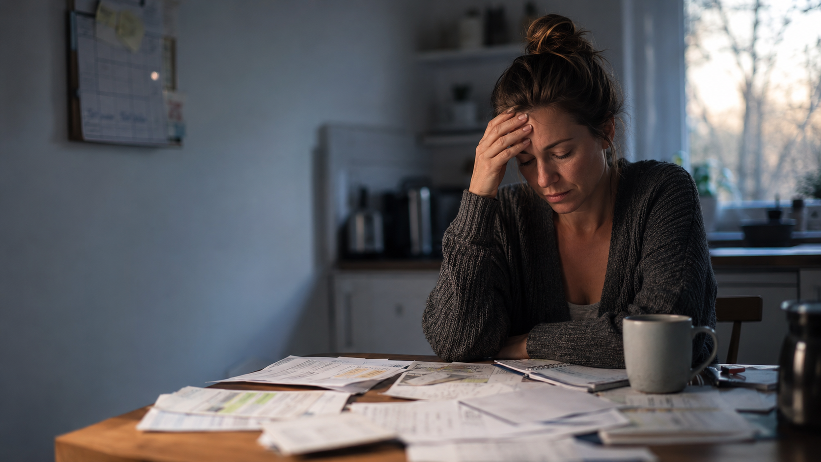Mother experiencing exhausted mom symptoms sits at a kitchen table early in the morning, feeling mentally drained despite sleeping, surrounded by schedules, reminders, and household responsibilities.