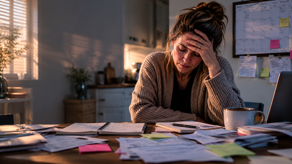 Mother experiencing invisible labor burnout while managing household mental load and family responsibilities