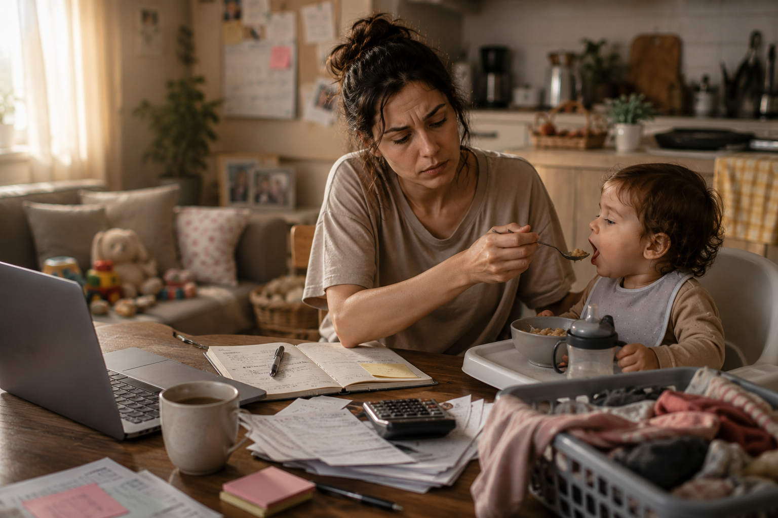 Tired mother feeding her toddler while managing household responsibilities and invisible labor at home.