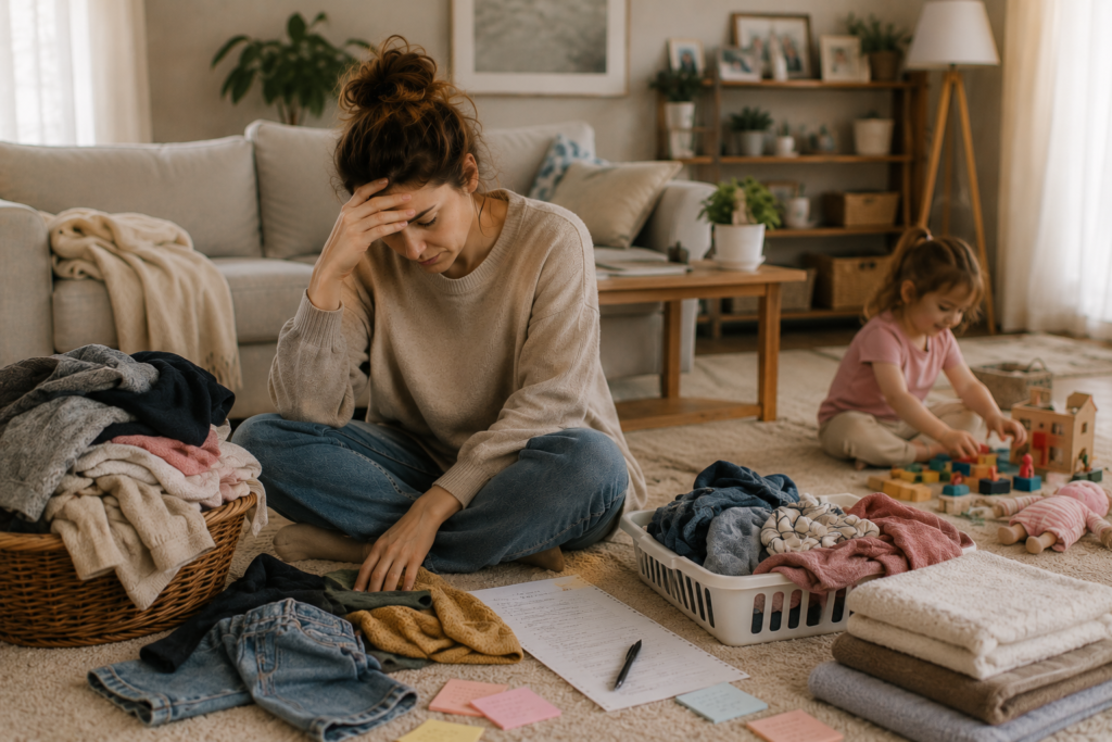 Mother sitting at a kitchen table looking mentally exhausted while managing family schedules, reminders, and daily responsibilities, representing the mental load in motherhood.